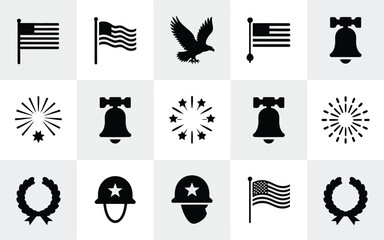 Patriotic symbols including flags eagle liberty bell fireworks and military helmets in clean vector design for national pride themes © Shovon