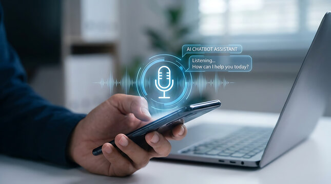 Person holding a modern smartphone utilizing an advanced AI voice chatbot interface for intelligent digital assistance and seamless virtual communication on a mobile handheld screen device.