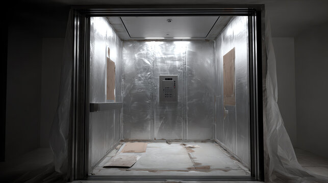 A modern elevator shaft under construction, showcasing metallic walls and unfinished interiors with a sense of industrial progress.