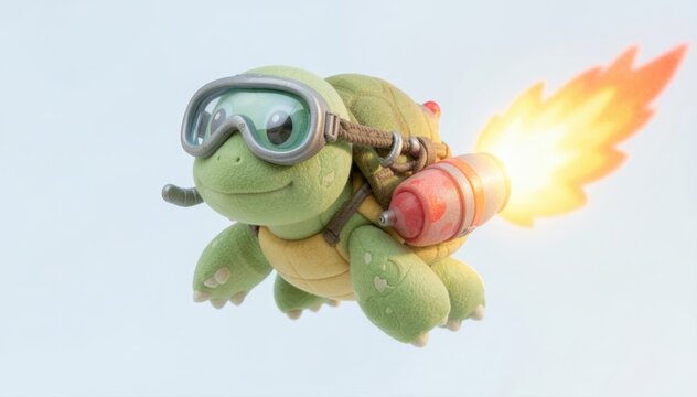 Turtle in Flight: A cheerful turtle fearlessly soars through the sky, propelled by a powerful rocket, its goggles shielding its eyes as it embarks on an incredible journey of adventure.