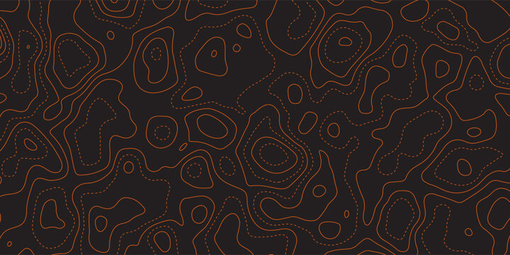 The stylized height of the topographic map contour in lines and contours. The concept of a conditional geography scheme and the terrain path. Orange on black. Wide size. Vector illustration.