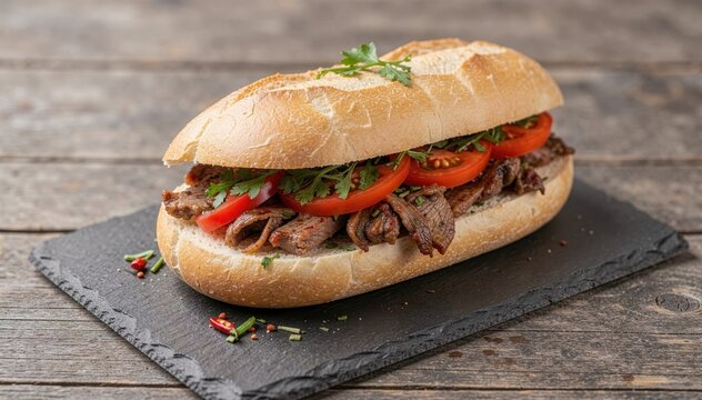 Savory Sandwich Delight: A mouthwatering sandwich, bursting with fresh ingredients, rests atop a textured surface, ready to tantalize the taste buds and evoke feelings of comfort and satisfaction.