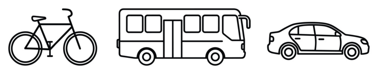Fototapeta premium Outline vector icons of bicycle, bus, and car for transport applications and user interface.