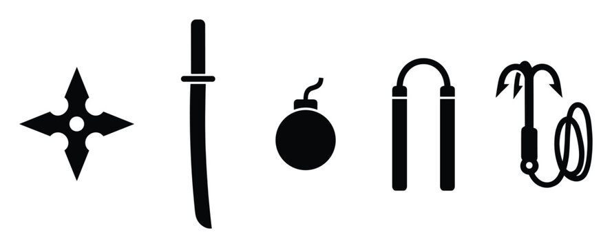 Classic ninja weapons icons with shuriken sword bomb nunchaku and grappling hook for gaming