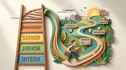 Obraz premium A detailed paper-cut illustration depicting a professional's journey through career stages from intern to leadership, climbing a symbolic ladder and navigating a path toward global impact.