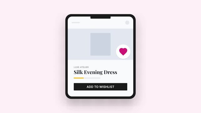 Smartphone Displaying Silk Evening Dress with Add to Wishlist Button and Heart Icon.