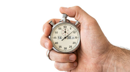 Fototapeta premium Hand holding a stopwatch measuring time for sport championship tournament in 2026 trend PNG Isolated on transparent background