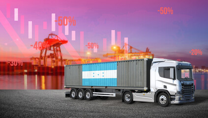 Economic Downturn in Global Trade: A cargo truck bearing the emblem of a nation stands amidst a backdrop depicting a decline in the global trade market, symbolized by descending financial indicators. © bao