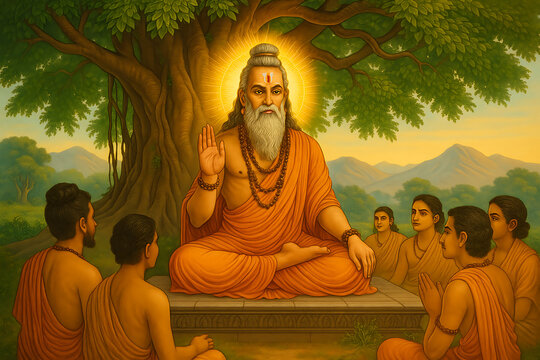 Revered Hindu sage sitting under a tree teaching a group of his devoted disciples