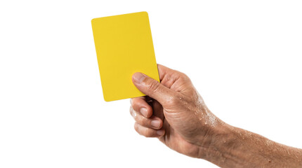 Fototapeta premium Referee holding a yellow card during a sports championship or tournament in 2026, representing a warning or penalty in a competitive game PNG Isolated on transparent background