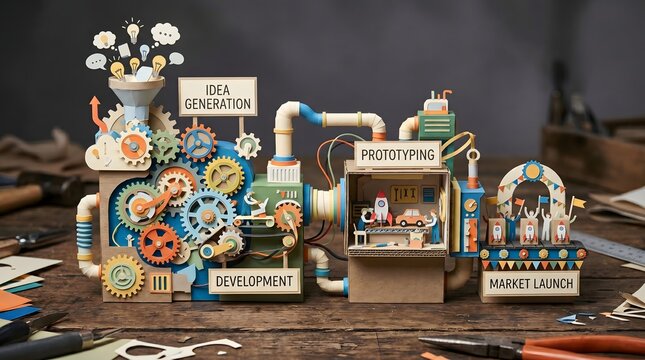 A miniature paper-craft diorama captures the rhythmic gears of progress, turning flickering sparks of thought into tangible realities through the stages of creation and market release.