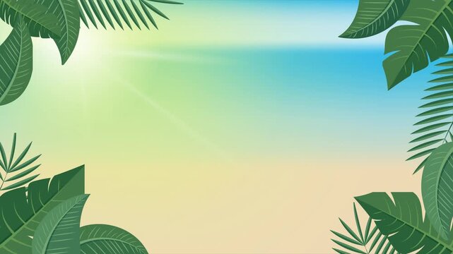 Animated tropical background with a green leaf frame in a beach landscape. Perfect for banners, posters, social media, presentations, and summer designs.