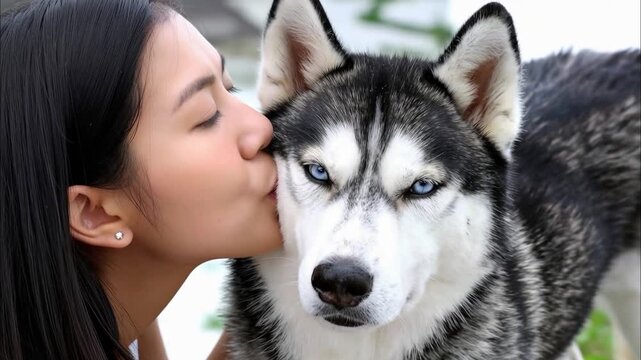 close up shot of a happy woman hugging and kissing her dog