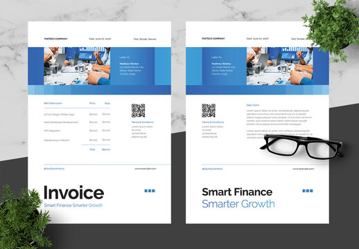 Blue Clean Fintech Invoice And Letterhead