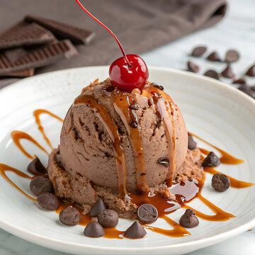 Delicious chocolate cake with cherry on top