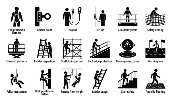 Construction worker safety icons illustrating fall protection systems and work safety procedures for industrial applications