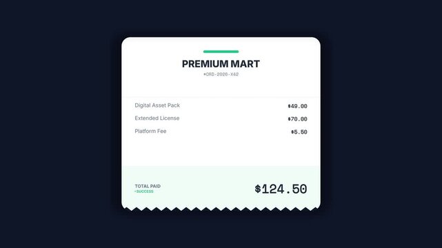 Digital Receipt Animation: Premium Mart Branding and Transaction Details.