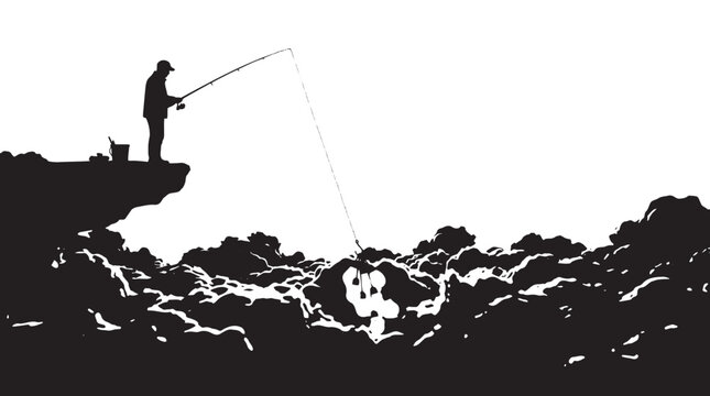 Fisherman silhouette vector illustration, a solitary angler casting a line from a rocky cliff, black and white fishing scene, ideal for outdoor adventure and hobby designs
