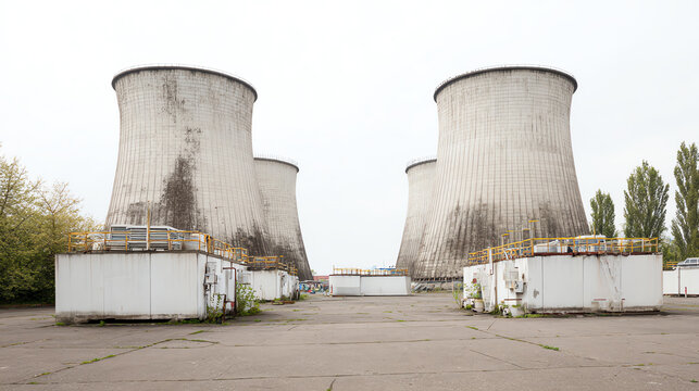 An abandoned industrial site featuring weathered cooling towers and neglected structures, highlighting the impact of industrial decline.