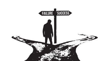 Failure or Success Road Sign, a stark black and white vector illustration of a person at a crossroads, symbolizing choice, challenge, and future direction © Khalid