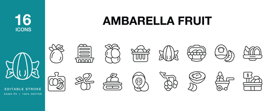 Ambarella Fruit icon set. Includes ambarella, fruit, tropical, green, yellow, fresh and More. Editable Stroke Icon Collection.