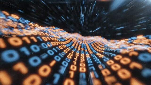Binary code wave in digital tunnel symbolizing the cutting-edge of futuristic design