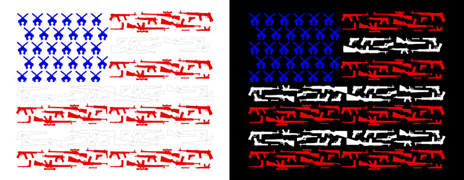 American Flag Made of Guns Transparent PNG &ndash; 2nd Amendment Patriotic Art for T-Shirt Designs and Posters. Distressed USA Flag Gun Silhouette PNG &ndash; Red White and Blue Gun Flag Clipart
