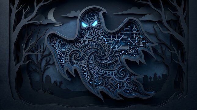 A spectral entity composed of intricate clockwork patterns and labyrinthine circuits drifts through a dark paper-cut forest, symbolizing the haunting complexity of human memory and thought.