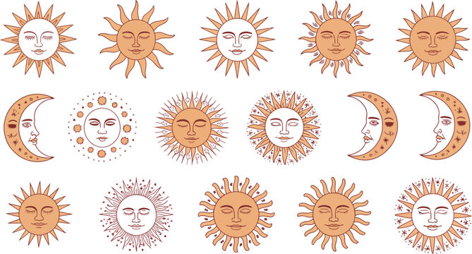 Boho celestial sun and moon icon set mystical astrology vector illustration
