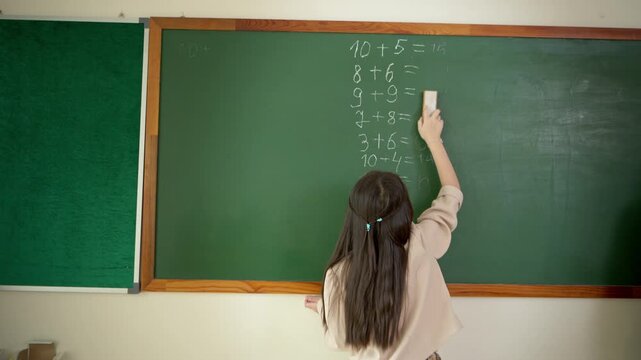 The young students are helping their teacher erase the classroom blackboard after a math lesson activity for elementary school students