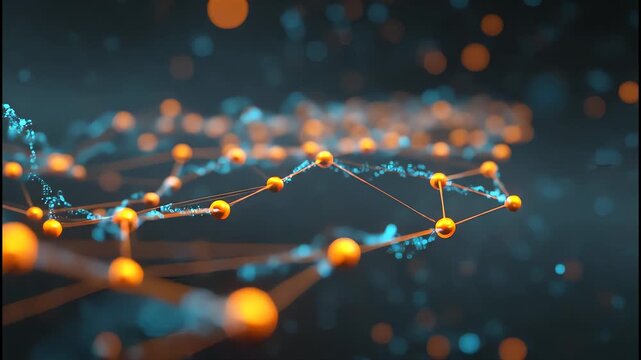 Abstract network of glowing orange orbs connected by thin orange lines and blue particles