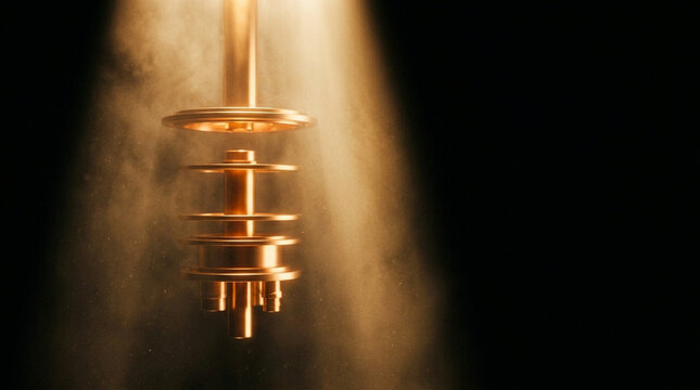 Cinematic golden mechanical component or quantum computer part illuminated by dramatic volumetric light rays in a dark atmospheric laboratory setting.
