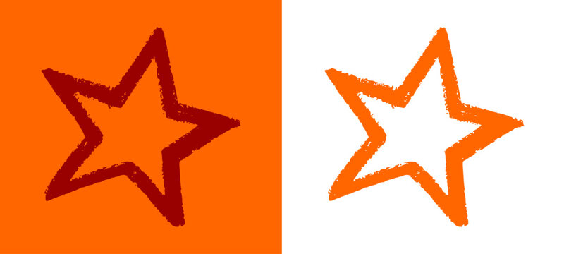 Orange star sparkle icon with outline in hand drawn crayon style. Creative urban celestial doodle for modern streetwear and graphic design.