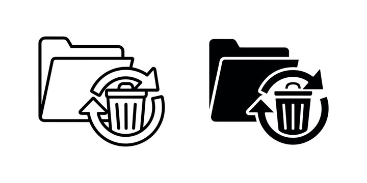Folder with recycling bin and circular arrows outline and solid fill file document symbol in white background