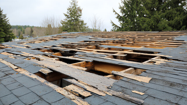 Damaged roof with missing shingles and exposed wood, showcasing the impact of weather and time on residential structures.