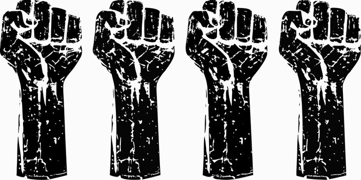 Raised fist silhouettes with grunge texture on white background