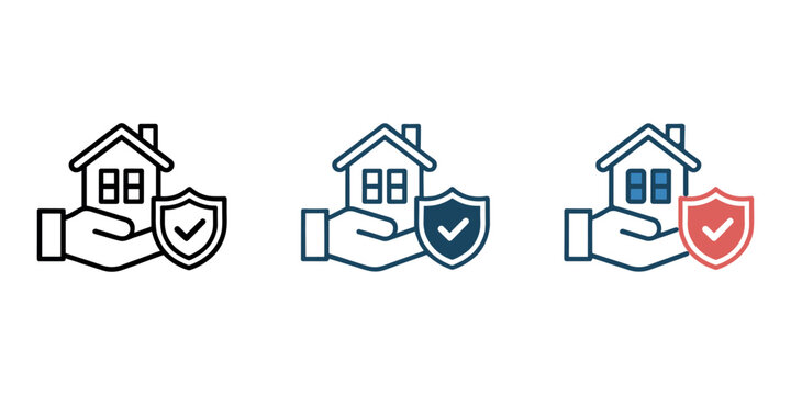 House with shield and hand in three color variations protection line black in white background