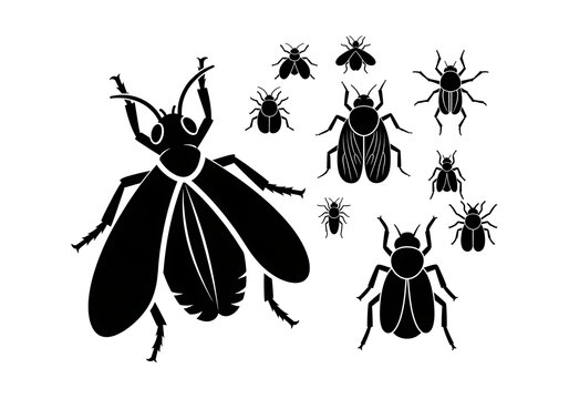 Black Flies Silhouettes on White Background