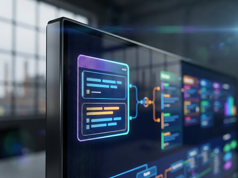 Sleek modern monitor displaying an intricate digital user interface with glowing abstract data structures and interconnected software elements for advanced technology concepts