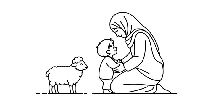 Muslim mother and child with sheep in simple line style line simple style in white background
