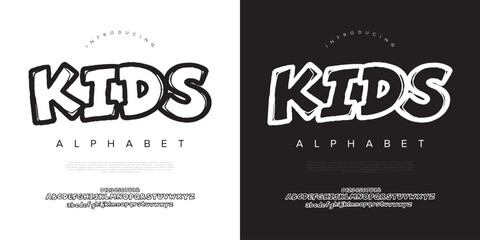 Kids bubbly cartoon outline font for children playground signage school classroom and fun toy branding © happy
