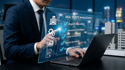 Fototapeta premium Professional real estate agent managing property portfolio checklist on laptop computer for investment strategy evaluation and house maintenance management service with digital interface concept.
