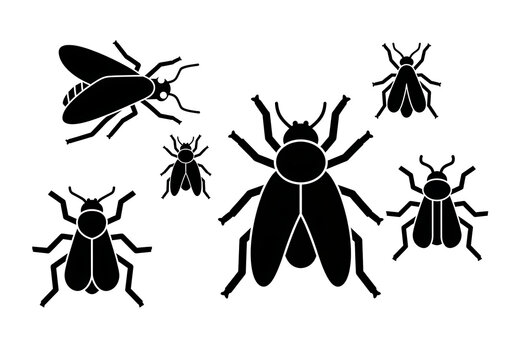 Black Flies Silhouettes on White Background