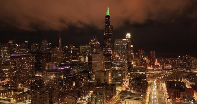 Chicago Skyline Aerial Night View, Drone Flight Over Downtown Chicago