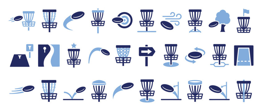 Disc golf pictogram icons set with baskets and flying discs for athletic game designs