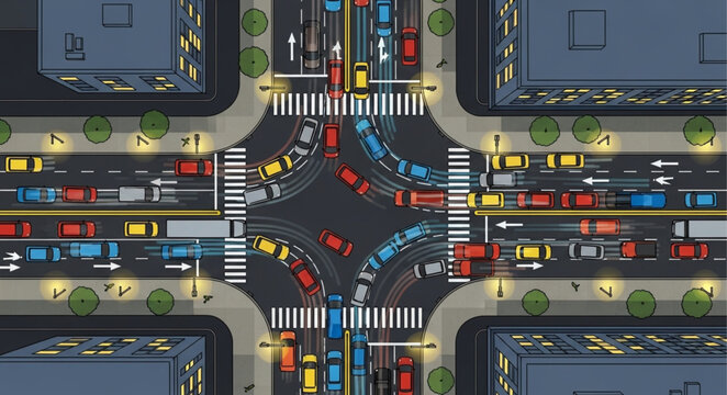 Busy City Intersection With Heavy Traffic Flow At Night.