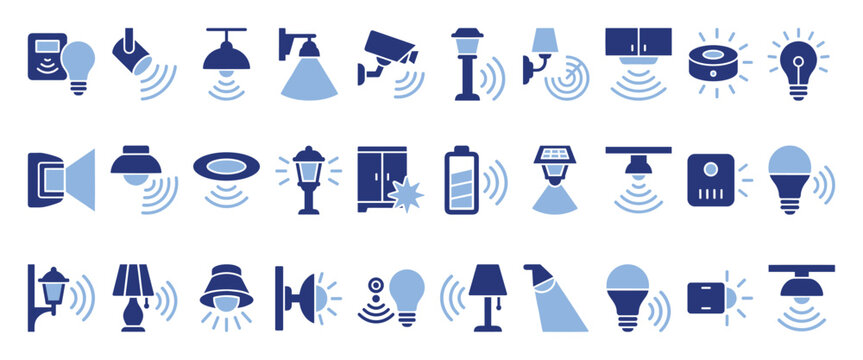 Smart home lighting and motion sensor icons for modern technology applications