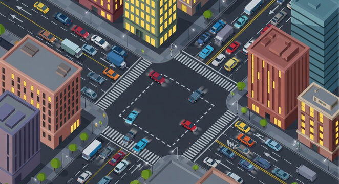 Busy City Intersection with Traffic Congestion and Tall Buildings.