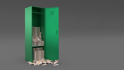 A green locker overflows with cash bundles, representing wealth, illicit gains, or financial security. © Suryani