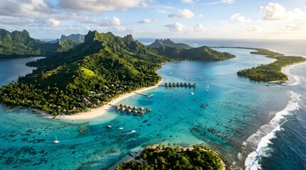 Obraz premium Aerial view of a tropical lagoon with crystal-clear turquoise water, lush green islands, and white sand beaches under a dramatic sunset sky. Cinematic composition ideal for travel and nature themes.